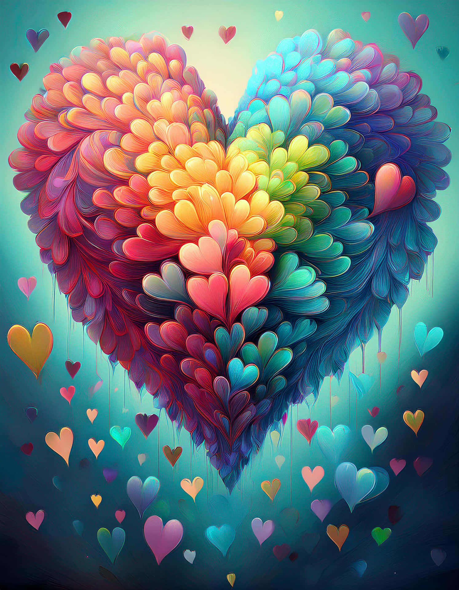 Dance of Colorful Hearts 壁紙 — 一個由層疊花瓣組成的鮮豔彩虹心形，漂浮在墜落的彩色心形之間，背景是藍綠色漸變。