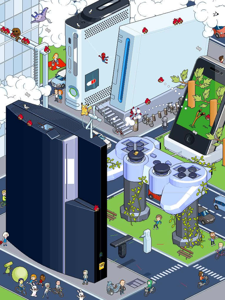Gaming Art 桌布 壁紙 — 一個由巨型遊戲機和控制器建造的奇幻城市景觀，小人物和像素化生物在街道上漫步。