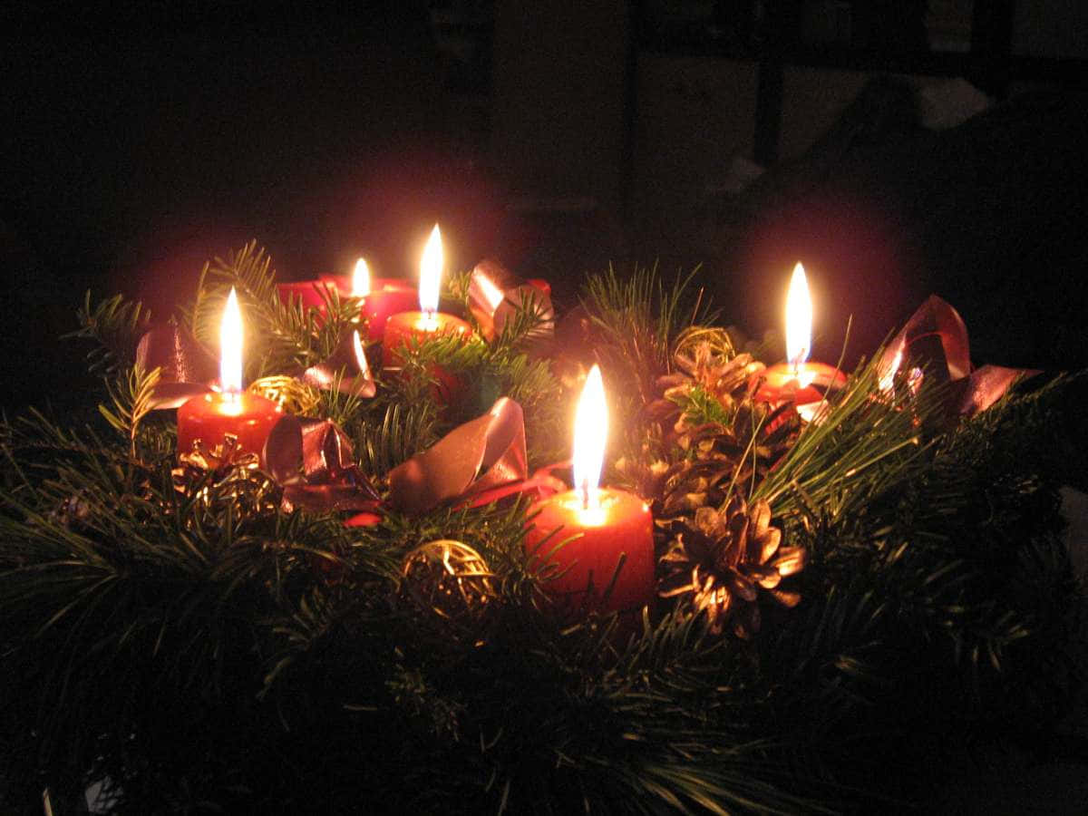 Advent 桌布 壁紙 — 一個由常青樹枝、松果和紅色蠟燭組成的節日花環，在黑暗中溫暖地發光。