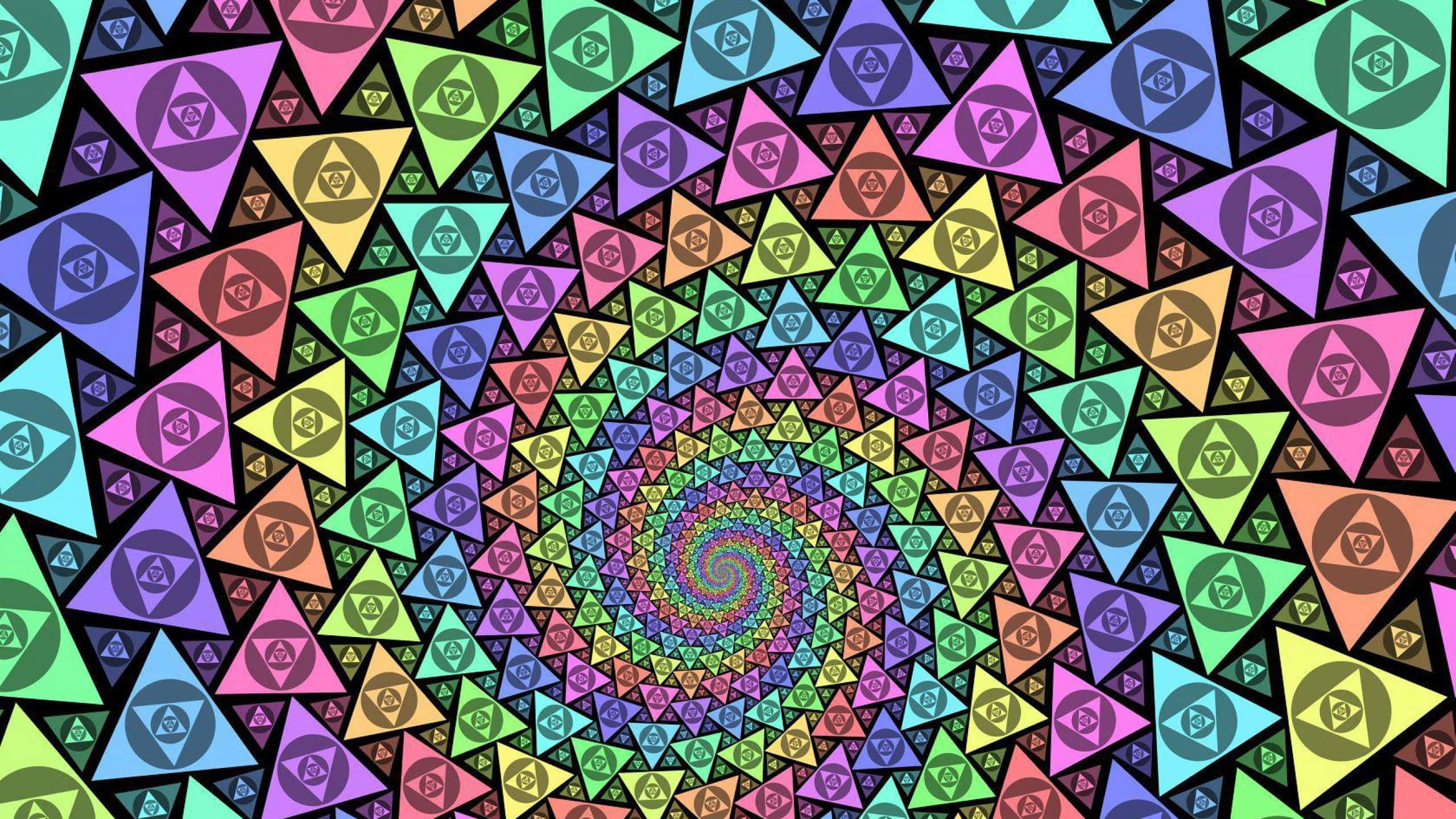 Dope Trippy 桌布 壁紙 — 一個由彩色三角形匯聚成放射狀中心的迷人螺旋，創造出催眠般的視錯覺。
