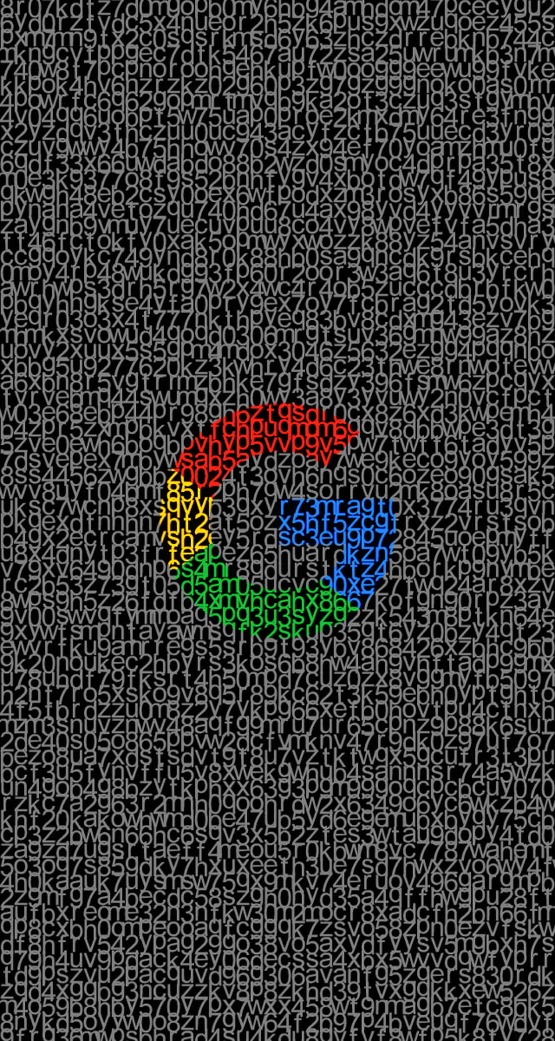 Google Chrome 桌布 壁紙 — 一個由彩色字母組成的Google標誌，從黑色背景上密集的灰色字母數字字符場中浮現。