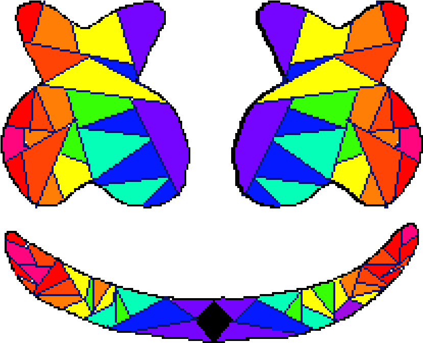 Marshmello 動態圖 桌布 壁紙 — 一個由彩色幾何三角形組成的像素化笑臉，背景為黑色。