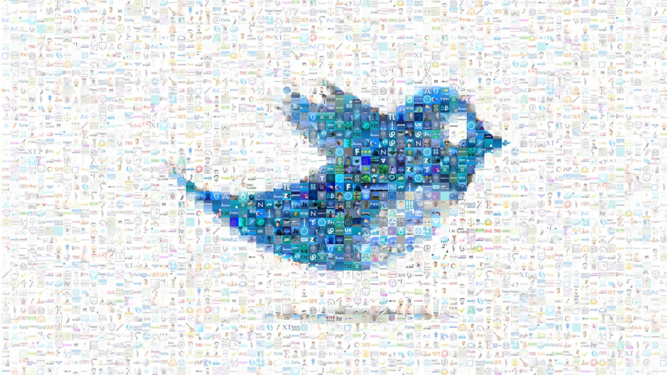 1366x768 Social 桌布 壁紙 — 一個由彩色應用程式圖示馬賽克組成的藍色鳥類剪影，背景為白色。