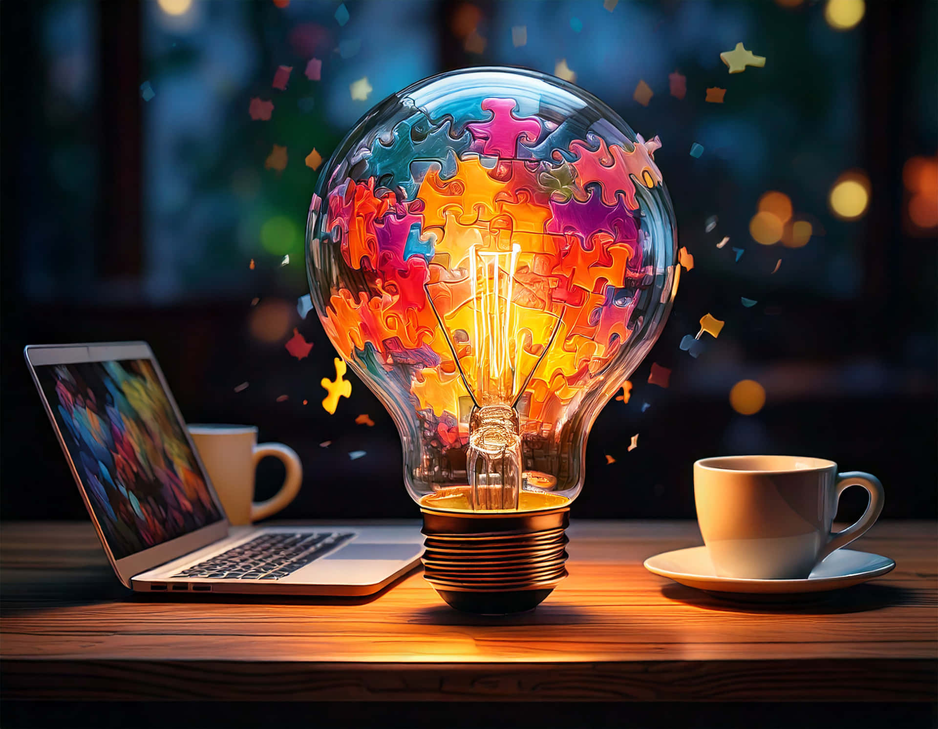 Lightbulb 壁紙 — 一個由彩色拼圖塊製成的發光燈泡放在木桌上，旁邊有一部筆記型電腦和一杯咖啡，周圍有五彩紙屑飄浮。