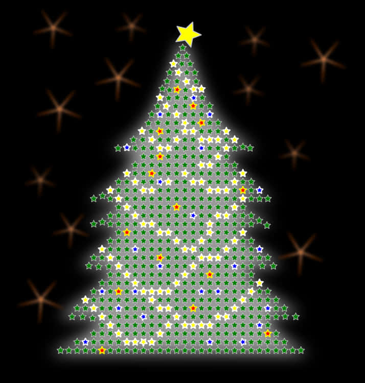Christmas Decoration 桌布 壁紙 — 一個由彩色星星組成的發光聖誕樹，背景為深色，帶有發光的星爆。