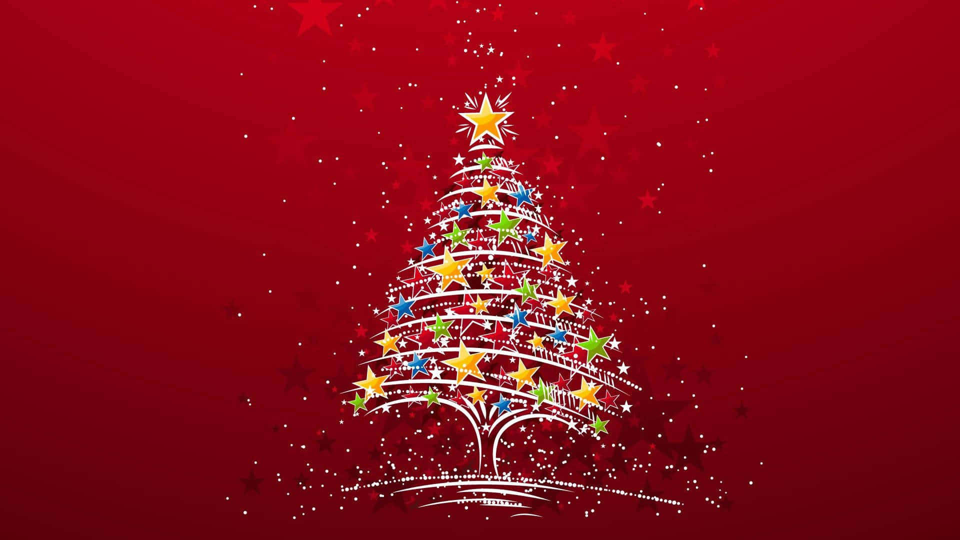 Cute Christmas Tree 桌布 壁紙 — 一個由彩色星星組成的風格化聖誕樹，在深紅色背景上閃爍，並有漂浮的星星粒子。