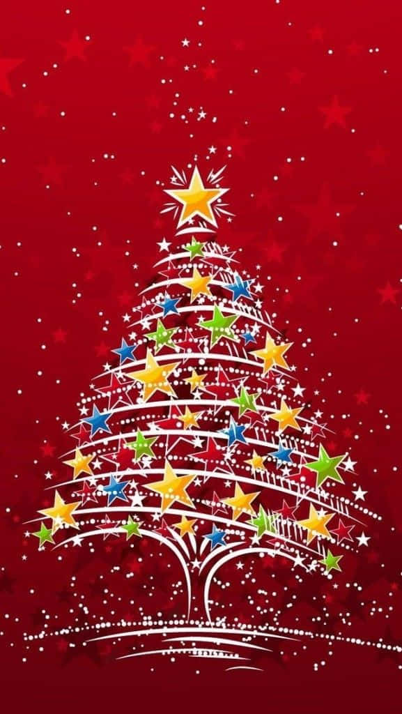 3d Christmas 桌布 壁紙 — 一個由彩色星星組成的風格化聖誕樹，背景為鮮豔的紅色，並帶有散落的星星圖案。