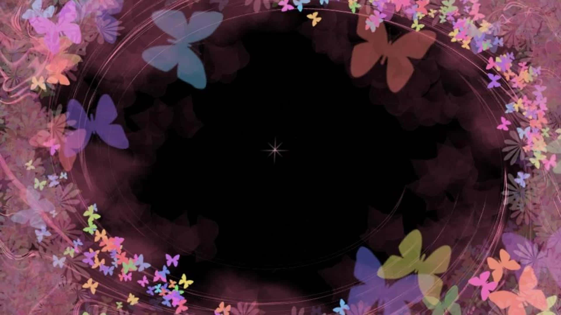 Frame 桌布 壁紙 — 一個由彩色蝴蝶和花朵組成的圓形框架，環繞著一個中心有發光星星的黑暗虛空。