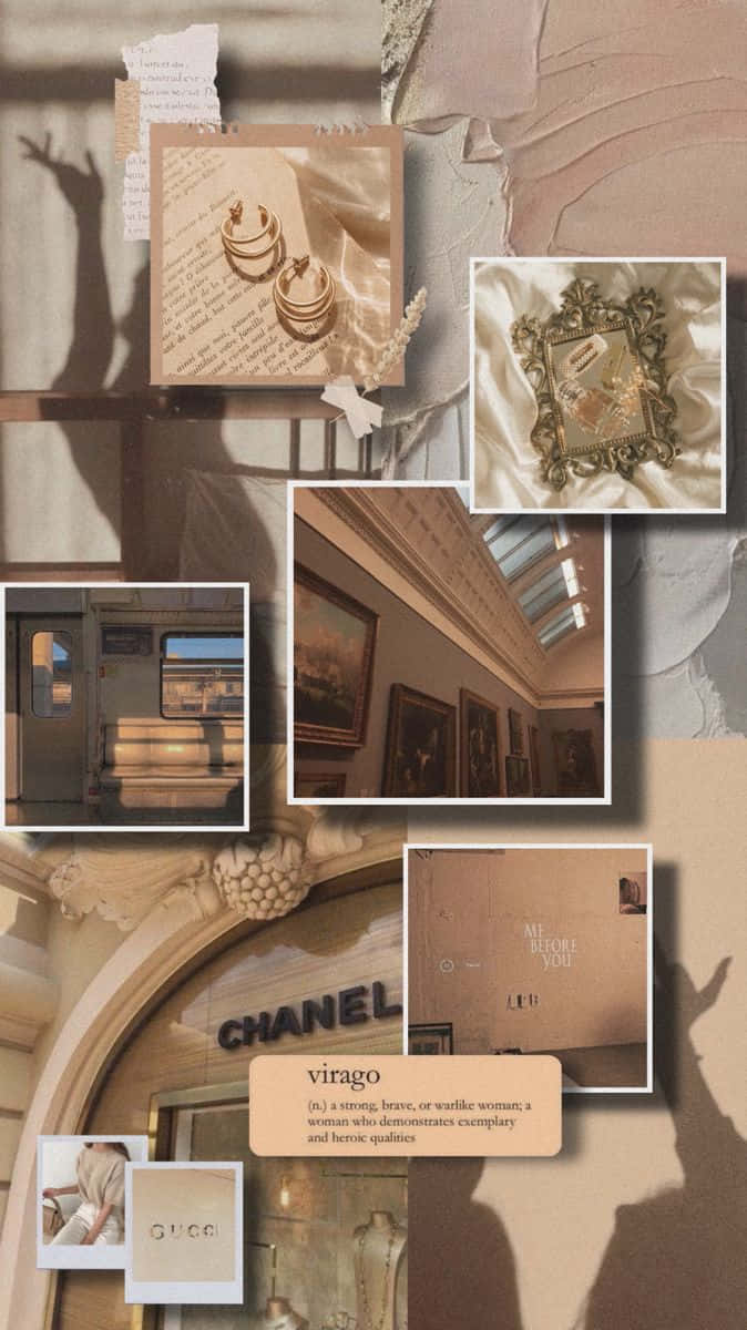 手機 桌布 壁紙 — 一個由復古時尚和奢侈品（如 Chanel 和 Gucci 標誌、華麗框架和香水瓶）組成的拼貼畫，以溫暖的米色美學和陰影輪廓排列。