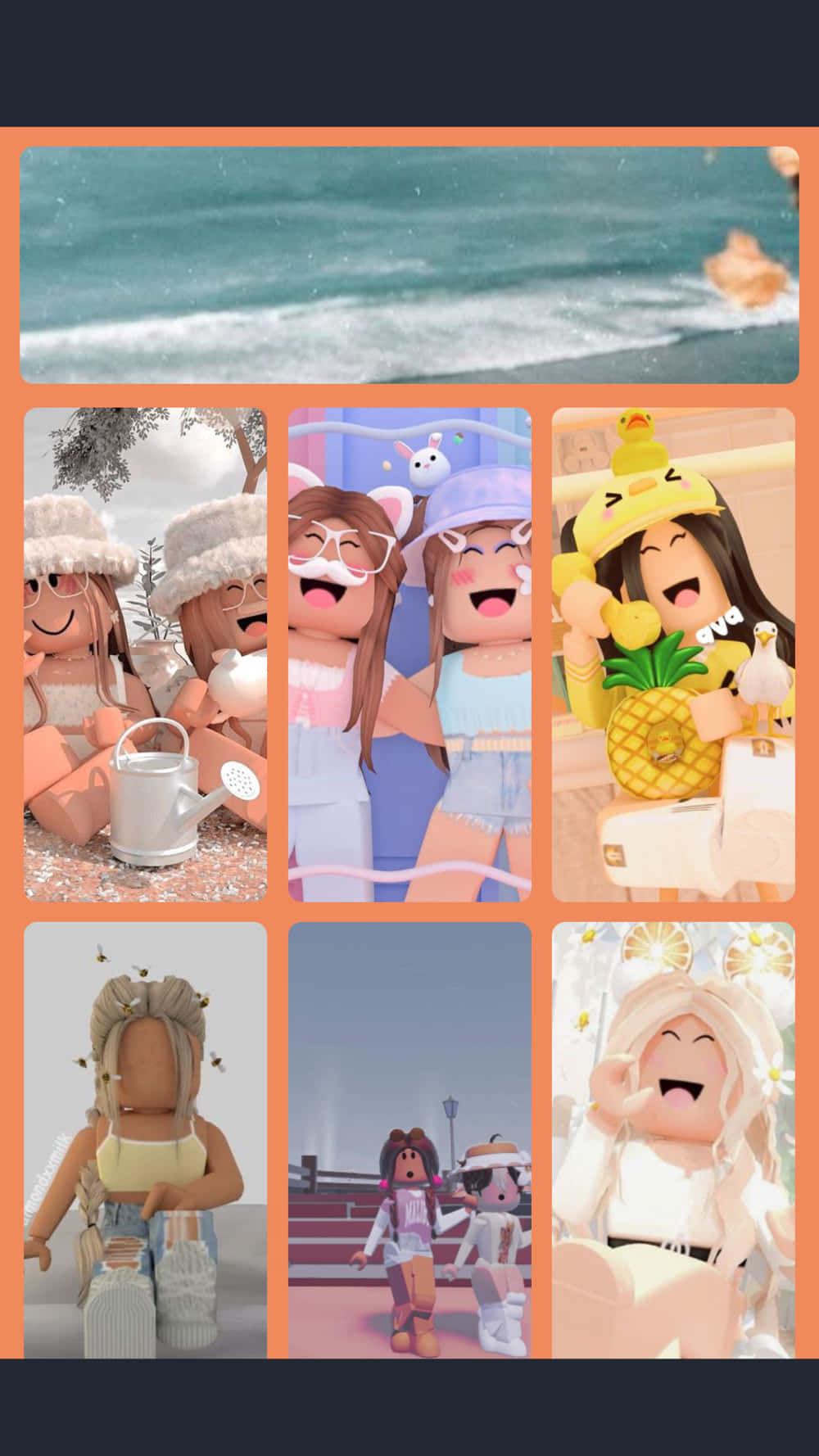 電玩遊戲 桌布 壁紙 — 一個由快樂的Roblox頭像組成的拼貼畫，場景為海灘風格的粉彩畫面，包含海浪和鳳梨道具。