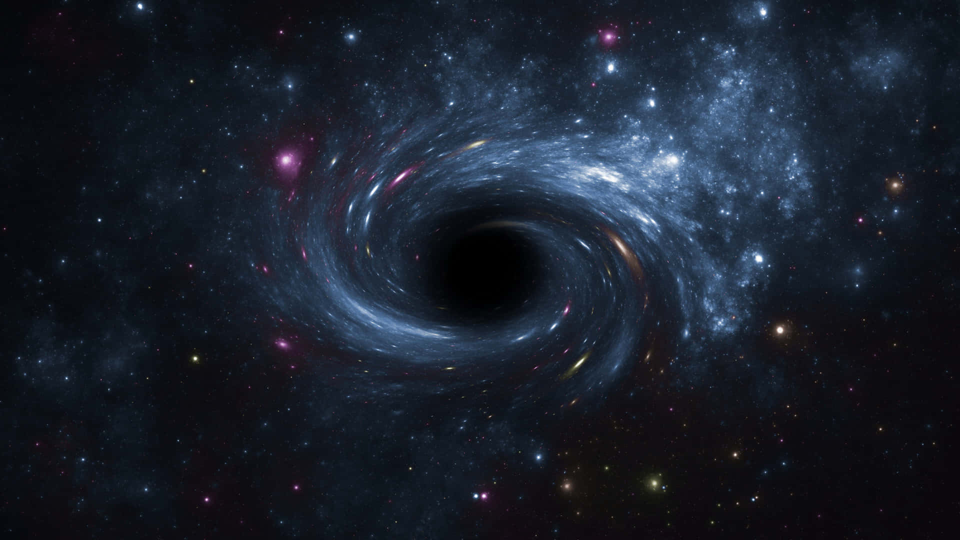 Black Hole Hubble Telescope 桌布 壁紙 — 一個由恆星和星雲組成的旋轉宇宙漩渦，在繁星點點的夜空背景下螺旋進入黑洞。