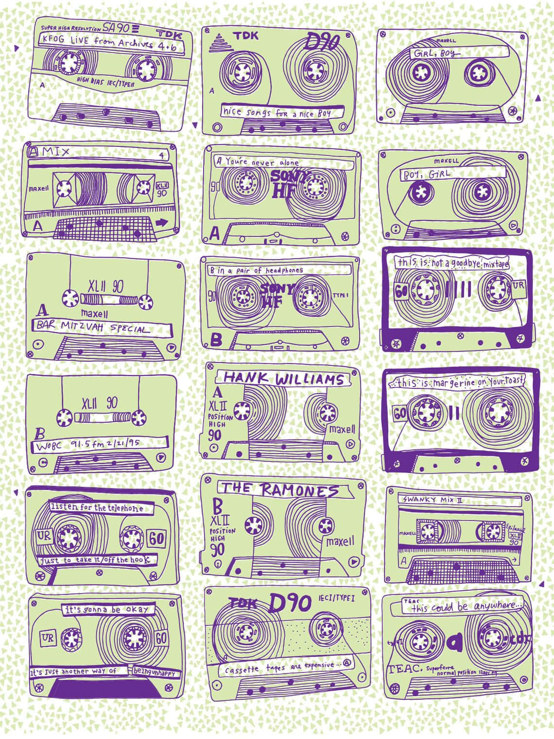 Mixtape 桌布 壁紙 — 一個由手繪卡式錄音帶組成的網格，上面有手寫標籤和品牌名稱，背景帶有斑點。