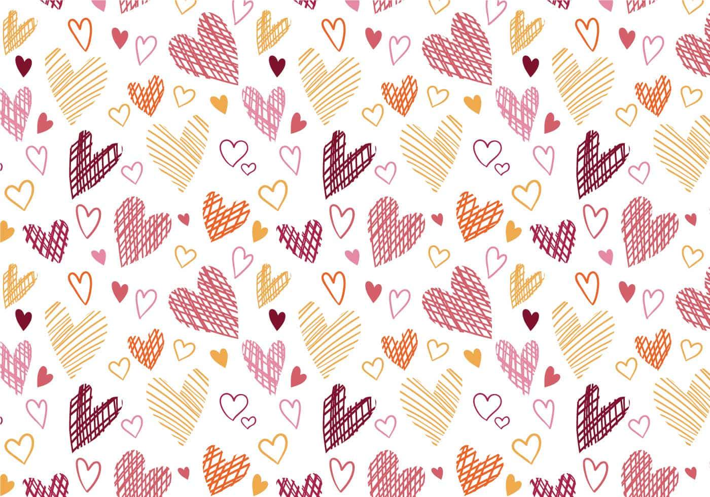 Heart Pattern 桌布 壁紙 — 一個由手繪心形組成的愉快圖案，以紅色、橙色和黃色填滿框架，帶有俏皮的塗鴉紋理。