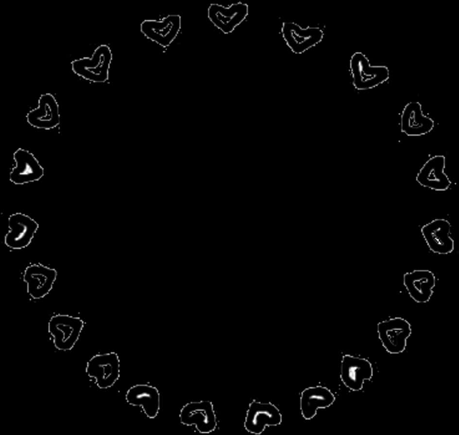 Circulos 桌布 壁紙 — 一個由手繪白色心形組成的圓圈勾勒出黑色虛空，呈現極簡數位插畫風格。