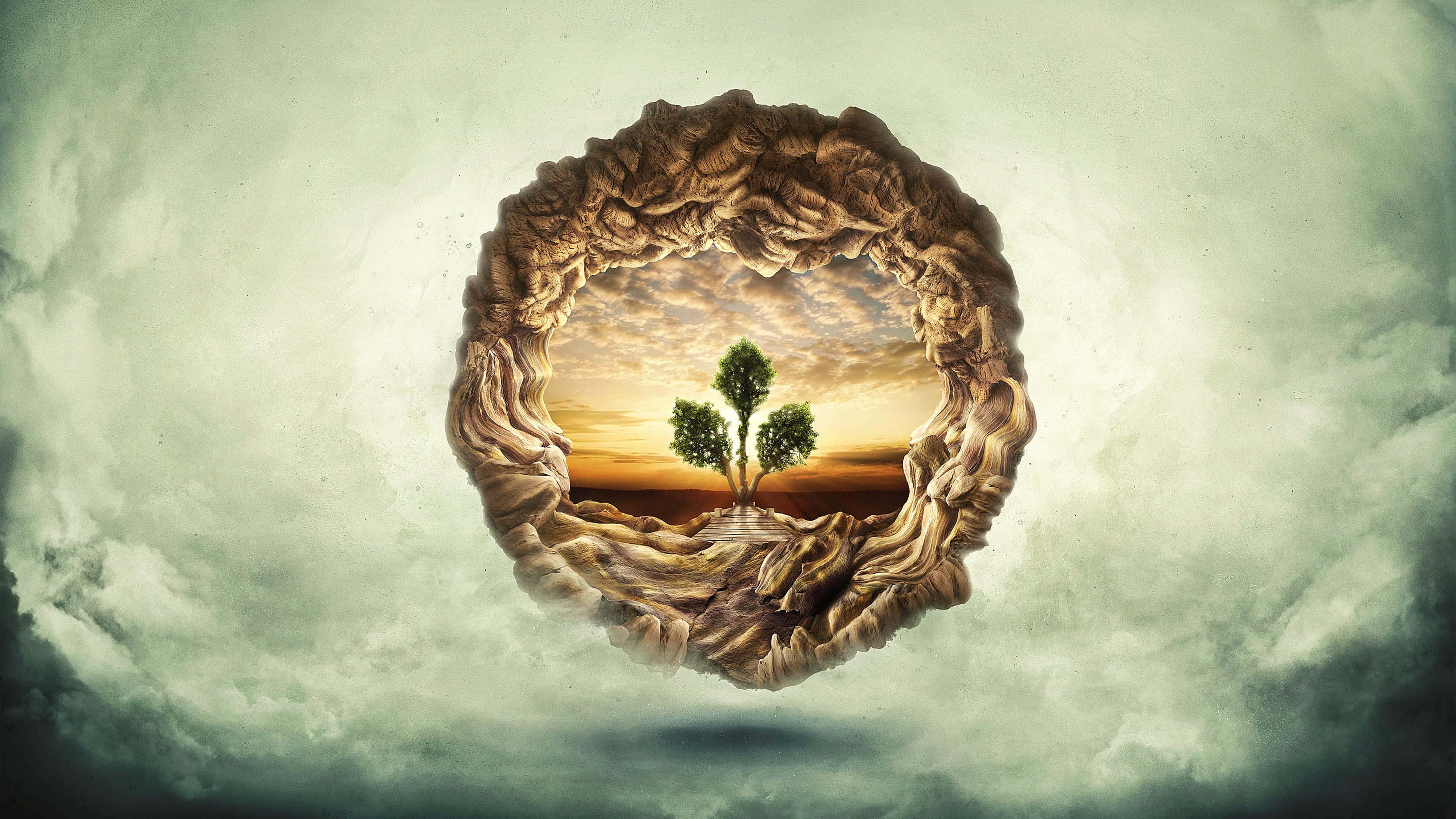 Tree Of Life 桌布 壁紙 — 一個由扭曲樹根組成的超現實圓形框架，在日落時分將一棵孤樹圍繞在雲層密佈的天空前。