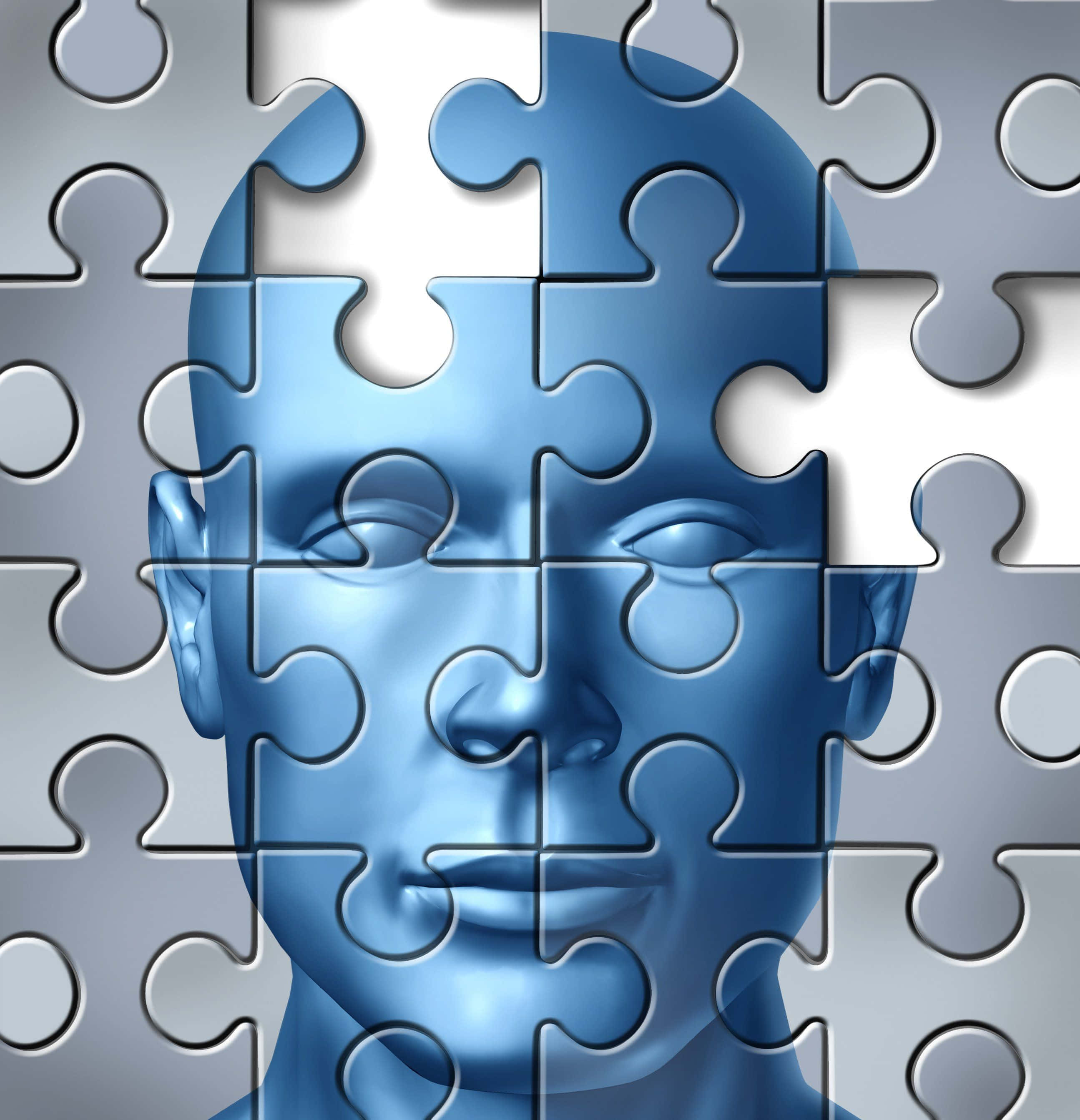 Puzzle 桌布 壁紙 — 一個由拼圖塊組成的藍色人頭，其中一塊缺失，露出銀色背景。