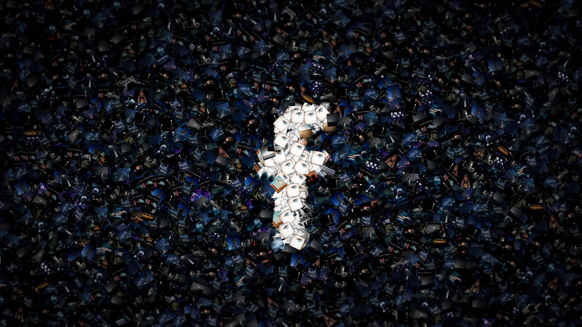 Facebook 桌布 壁紙 — 一個由散落智慧型手機螢幕組成的發光白色問號，在破碎手機碎片的黑暗背景中脫穎而出。