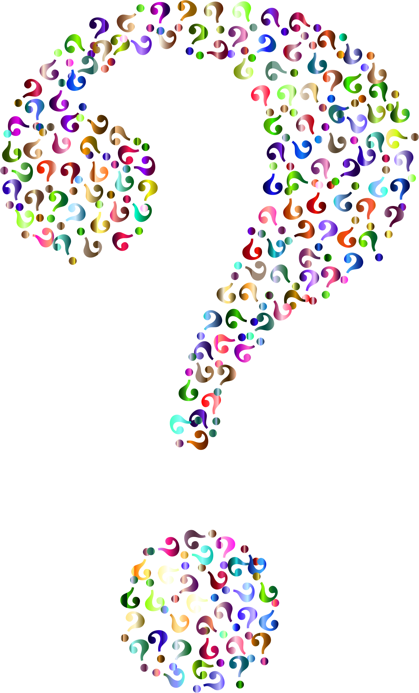 Question Mark 桌布 壁紙 — 一個由旋轉的多色問號組成的大型彩色問號，背景為黑色，下方有一個較小的問號。