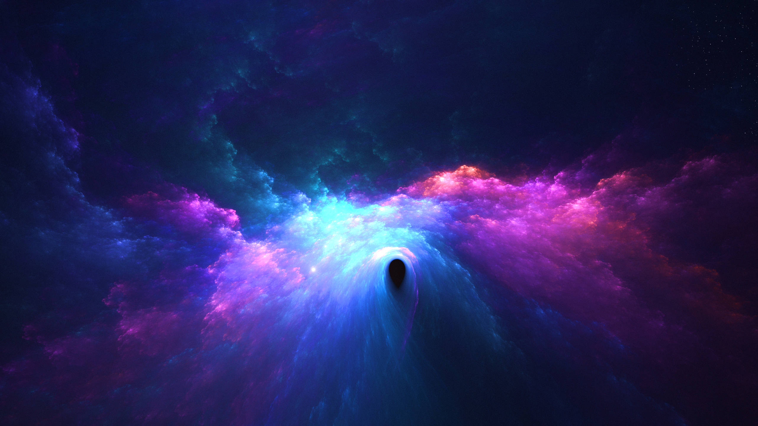 Space 2560x1440 桌布 壁紙 — 一個由旋轉的紫色、粉紅色和藍色星雲組成的宇宙隧道，通向星空背景下的黑暗虛空。