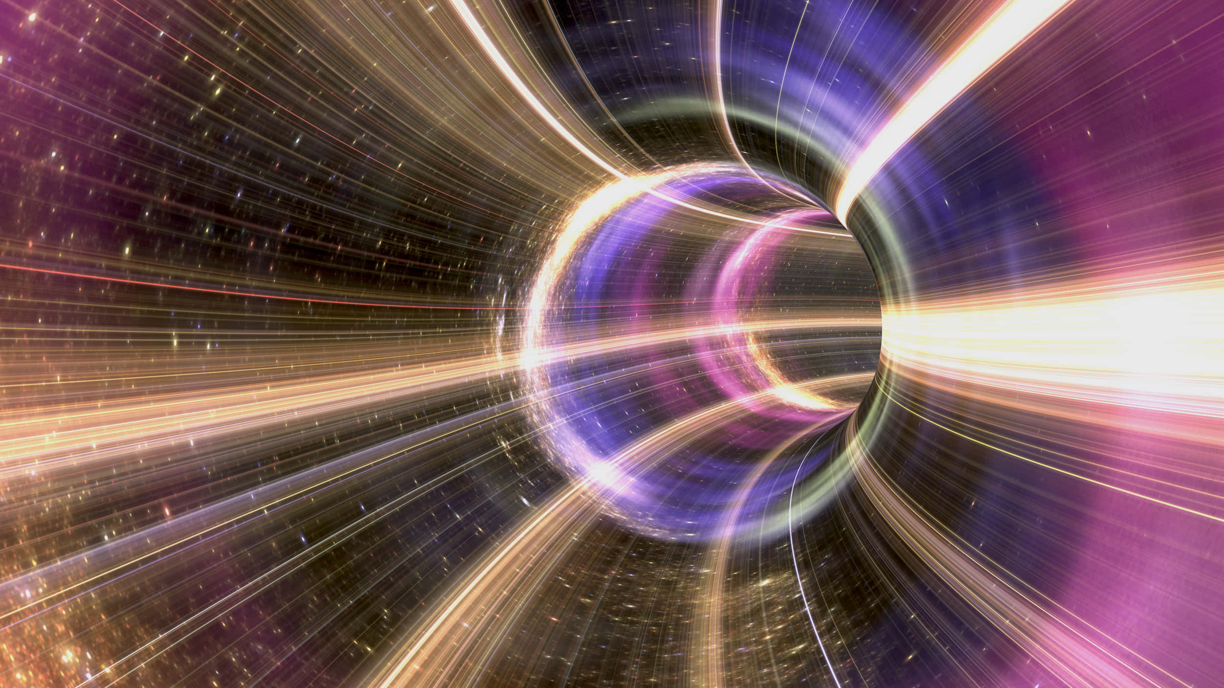 Time Travel 桌布 壁紙 — 一個由旋轉的紫色和金色光條穿過星場的宇宙隧道，呈現動態的太空旅程。