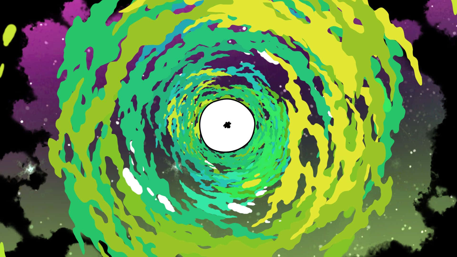 Portal 桌布 壁紙 — 一個由旋轉的綠色、黃色和紫色油漆條紋組成的迷幻漩渦，將觀者拉入一個星光點點的黑色背景下的宇宙隧道。
