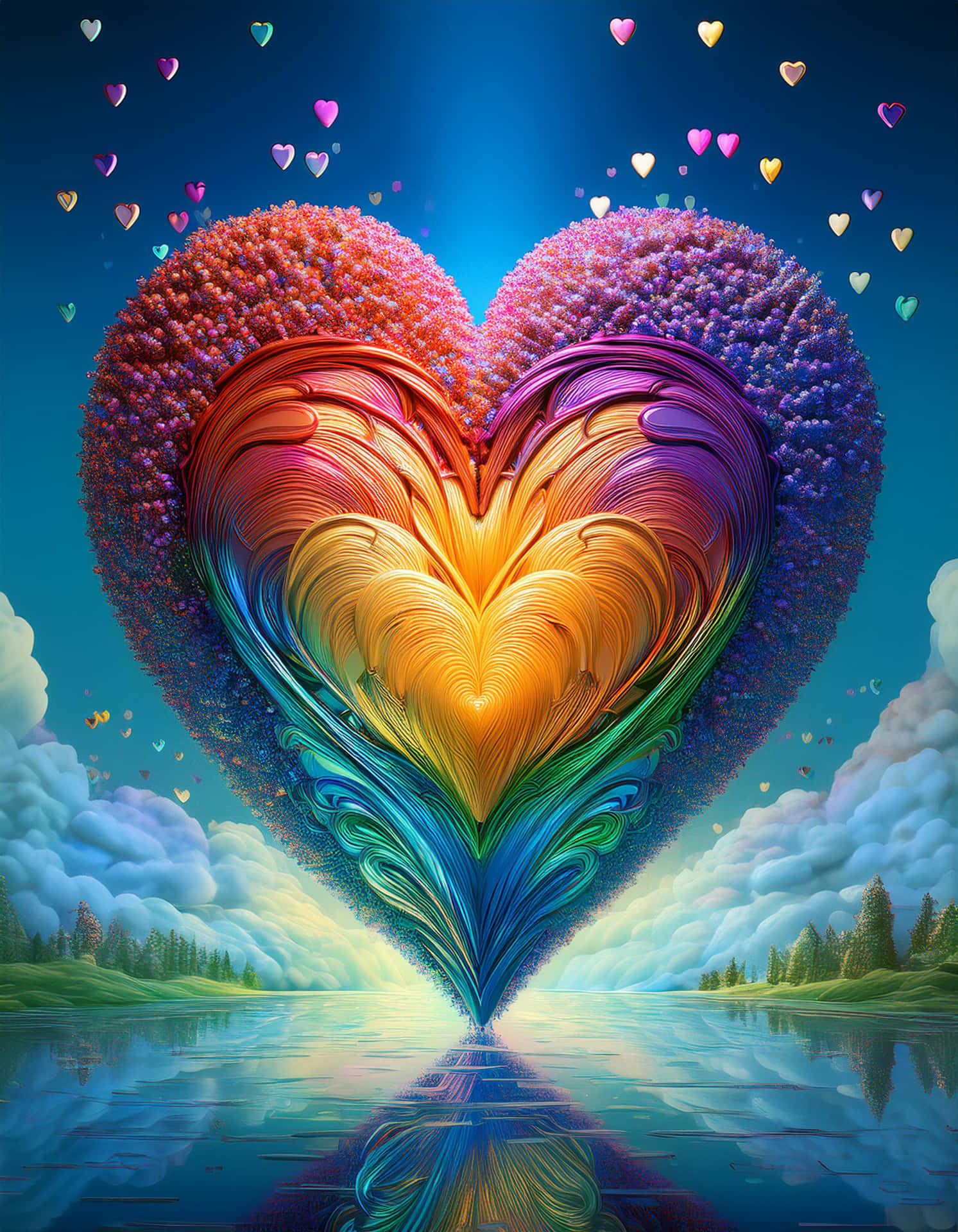 Dance of Colorful Hearts 壁紙 — 一個由旋轉顏料和花卉紋理組成的巨大彩虹心形，從平靜的湖面升起，藍天下漂浮著心形。