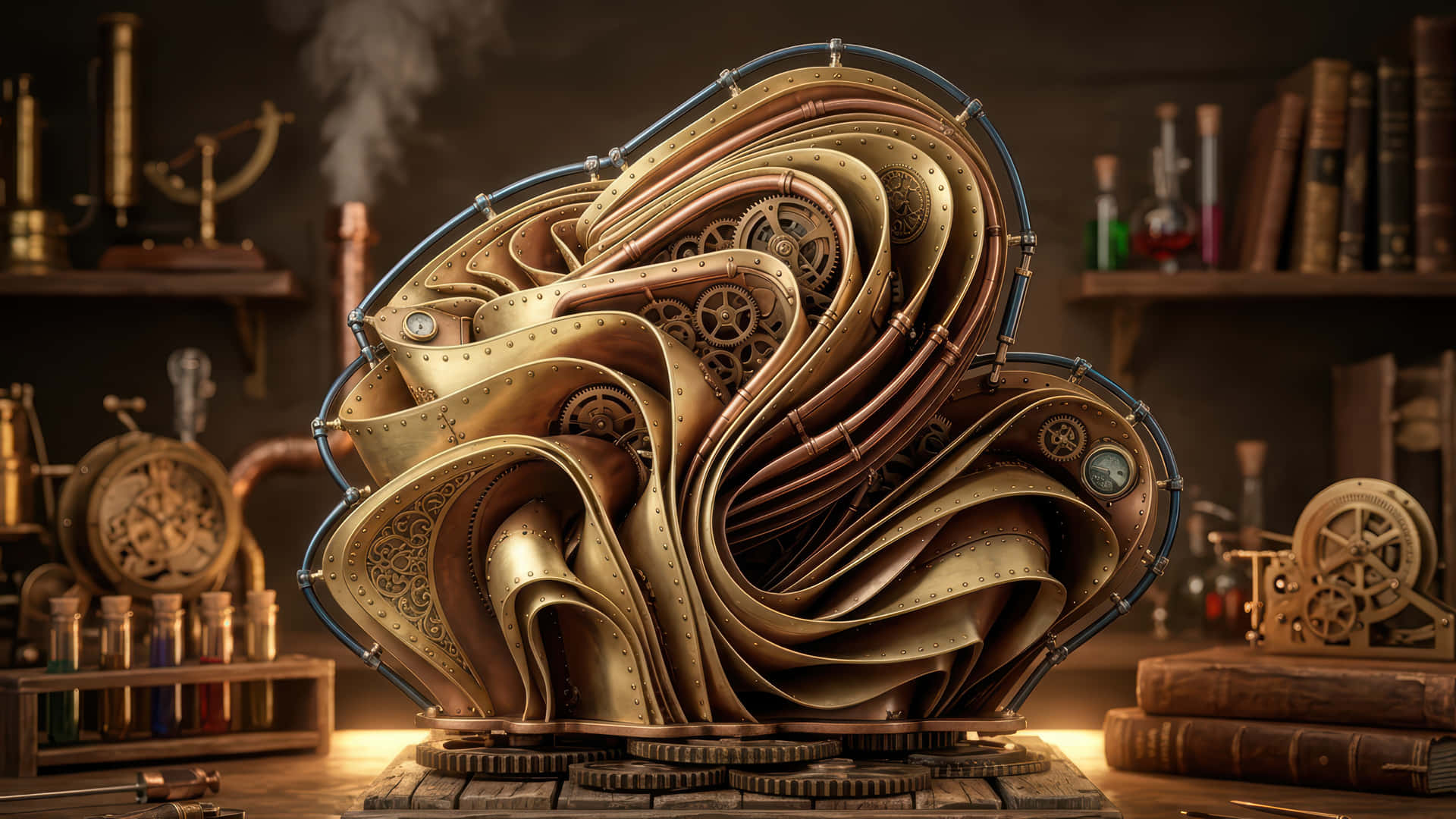 Plumbing tubes Bloom modded wallpaper for desktop Enhancement, 壁紙 — 一個由旋轉黃銅齒輪和管道組成的蒸氣龐克雕塑，在一個光線昏暗、充滿書籍和實驗設備的工作室中噴出蒸氣。