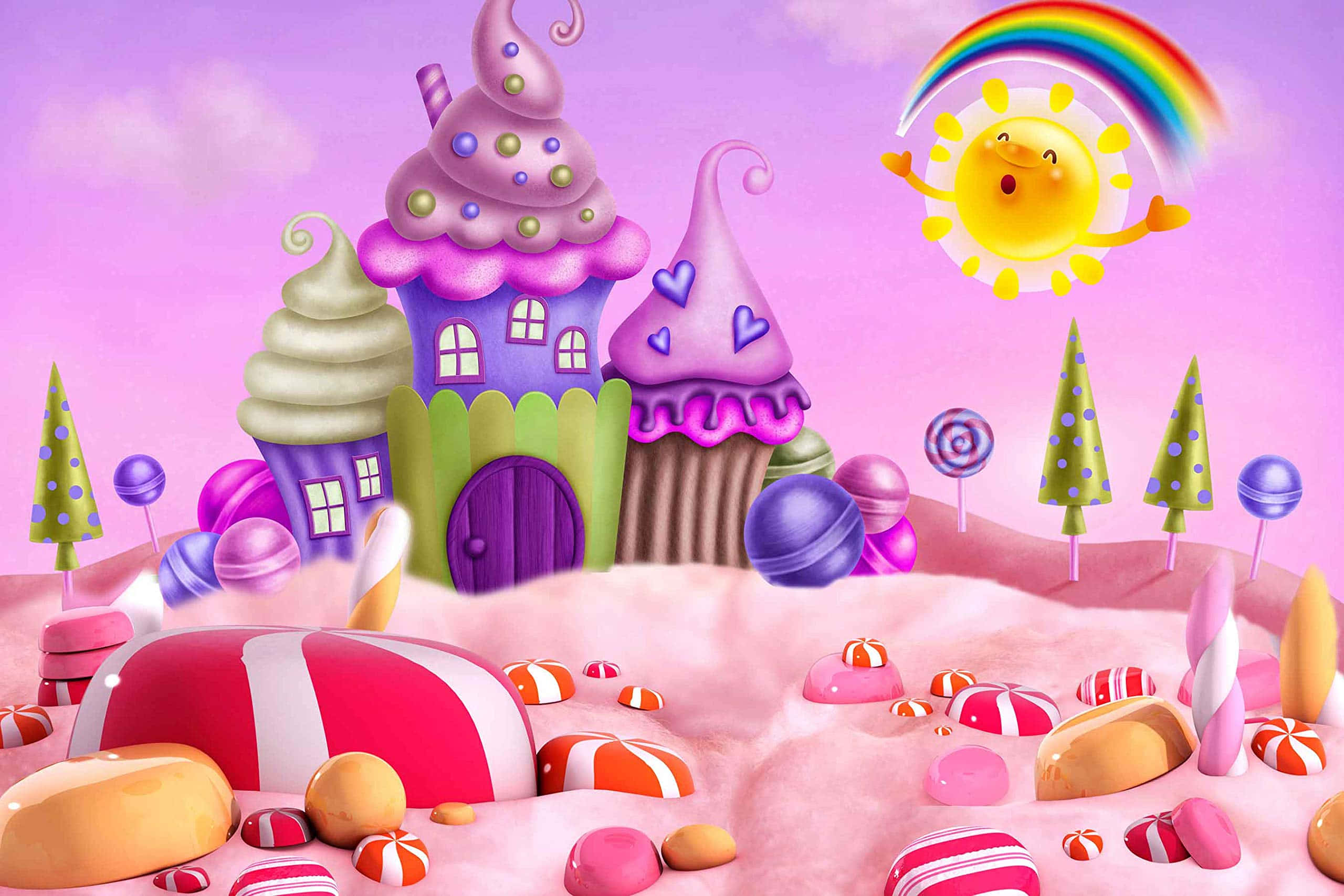 Candy Land 桌布 壁紙 — 一個由杯子蛋糕和棒棒糖製成的夢幻糖果樂園城堡，上方有微笑的太陽和彩虹拱門。