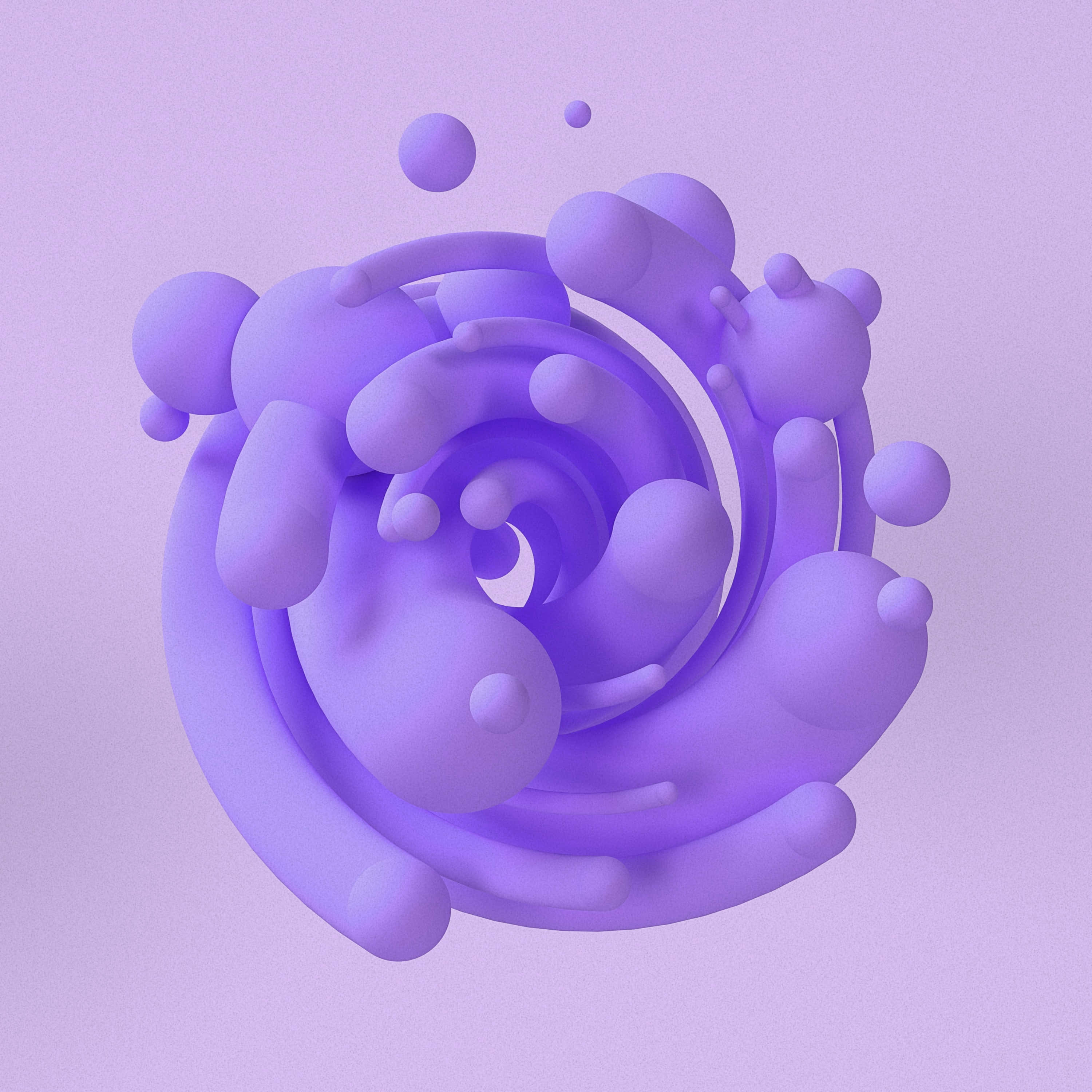 3D 桌布 壁紙 — 一個由柔軟紫色球體和管子組成的旋轉抽象雕塑，在相配的薰衣草背景上形成催眠般的漩渦。