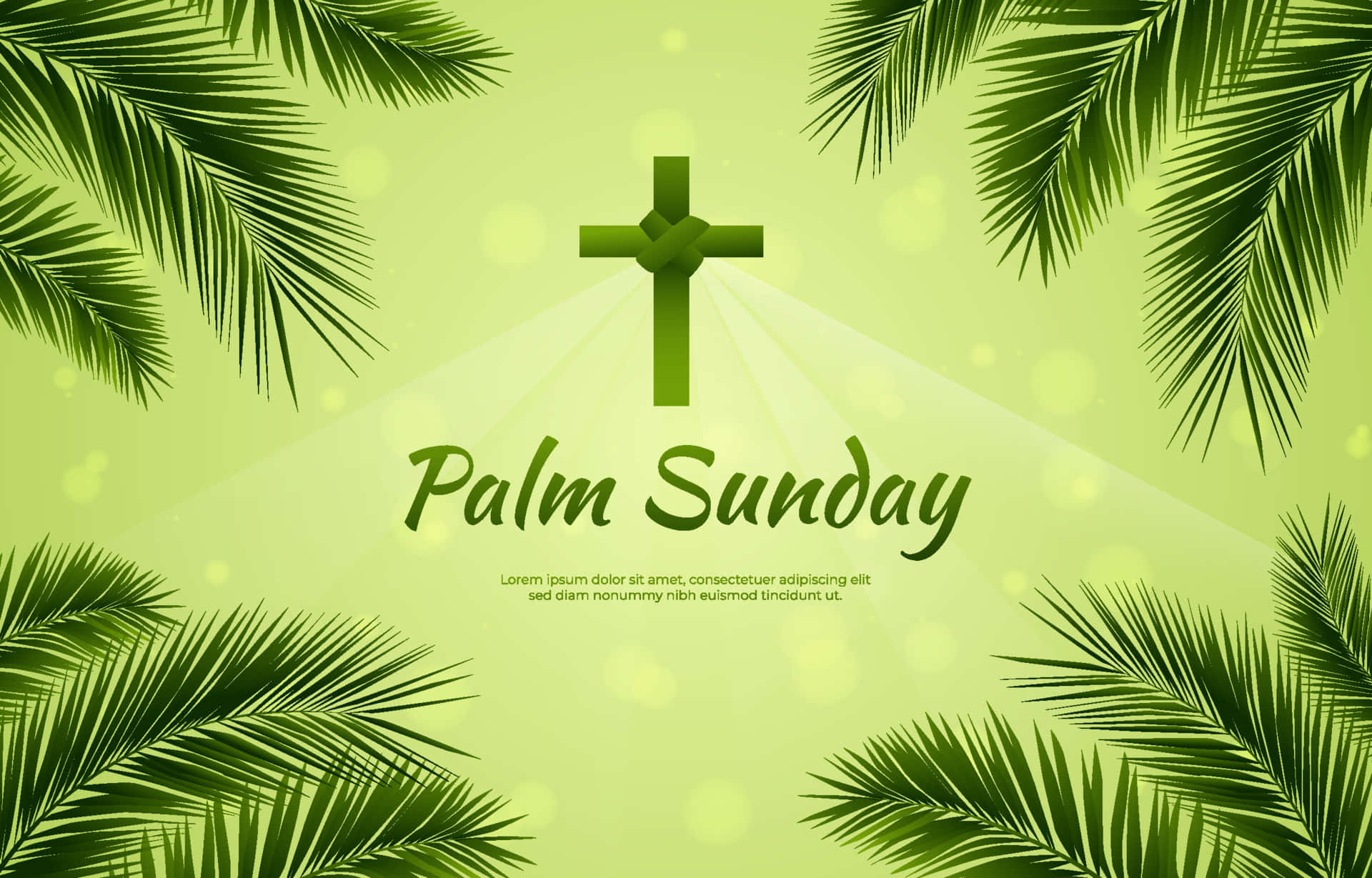 Palm Leaves 桌布 壁紙 — 一個由棕櫚葉製成的閃爍綠色十字架在中央發光，周圍環繞著茂密的棕櫚葉，背景是柔和的萊姆色。