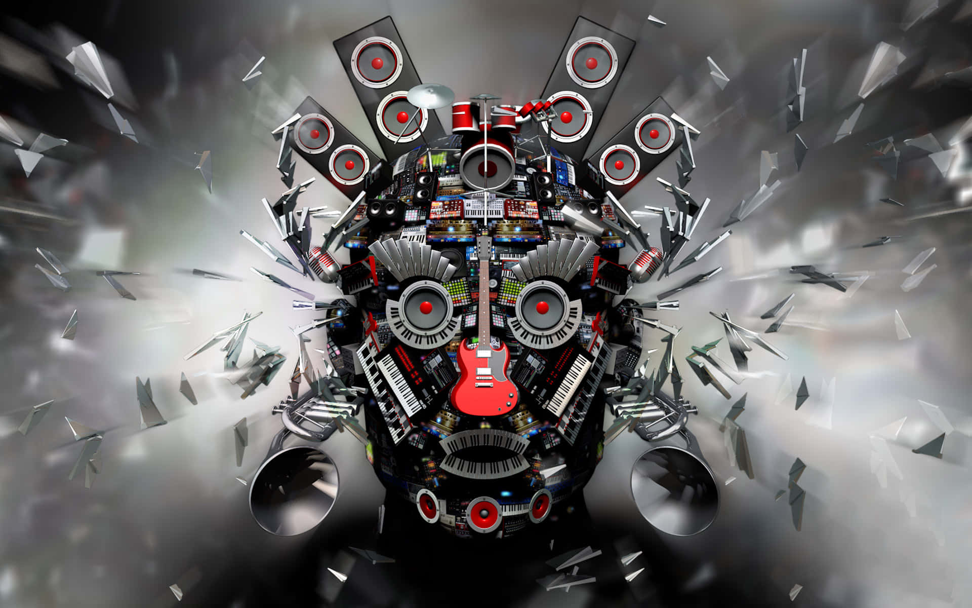 Cool Abstract 桌布 壁紙 — 一個由樂器和揚聲器構成的超現實數位藝術頭像，在煙灰色背景上爆裂成碎片。