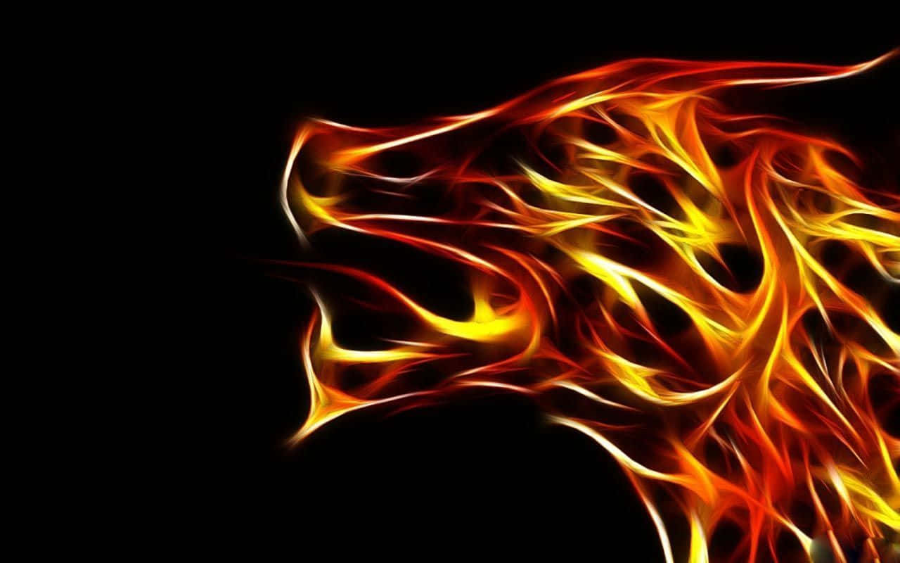 Fire Wolf 桌布 壁紙 — 一個由橙色、黃色和紅色漩渦火焰組成的火龍頭，背景為黑色。