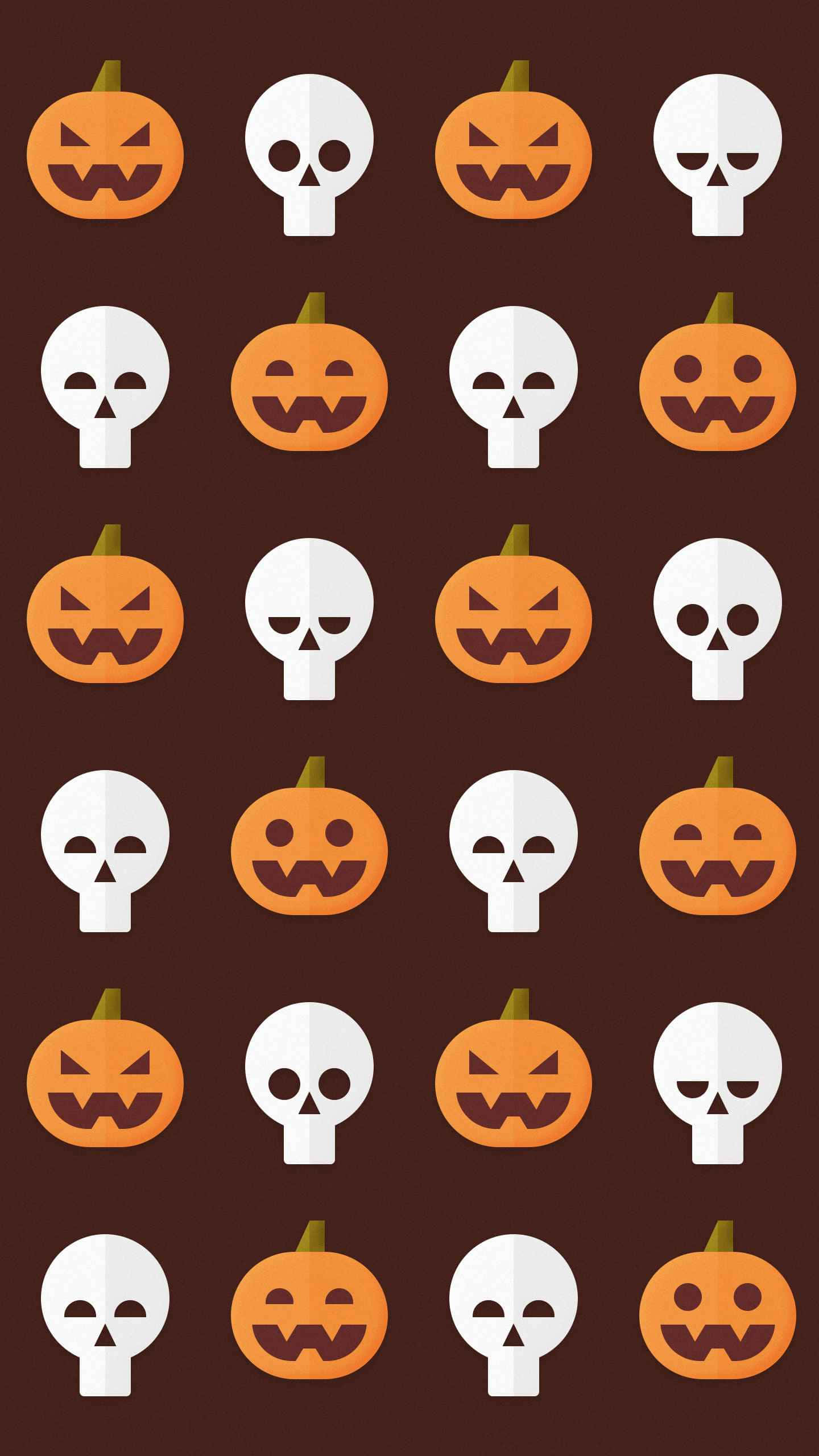 iPhone Halloween 桌布 壁紙 — 一個由橙色南瓜和白色骷髏頭組成的網格，帶有各種恐怖表情，背景為深棕色。