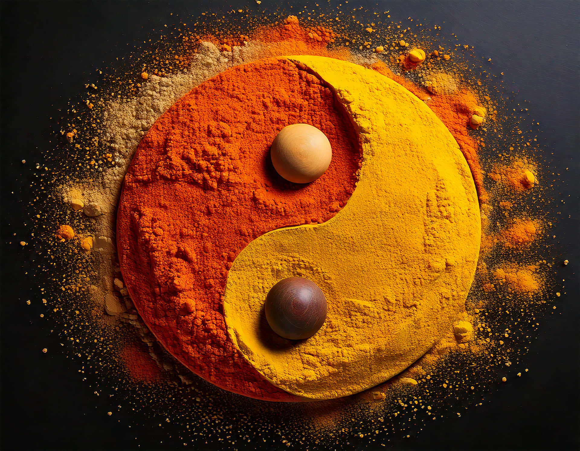 Yin Yang 壁紙 — 一個由橙色和黃色粉末製成的鮮明陰陽符號，其曲線中嵌有兩個球體，背景為深色。