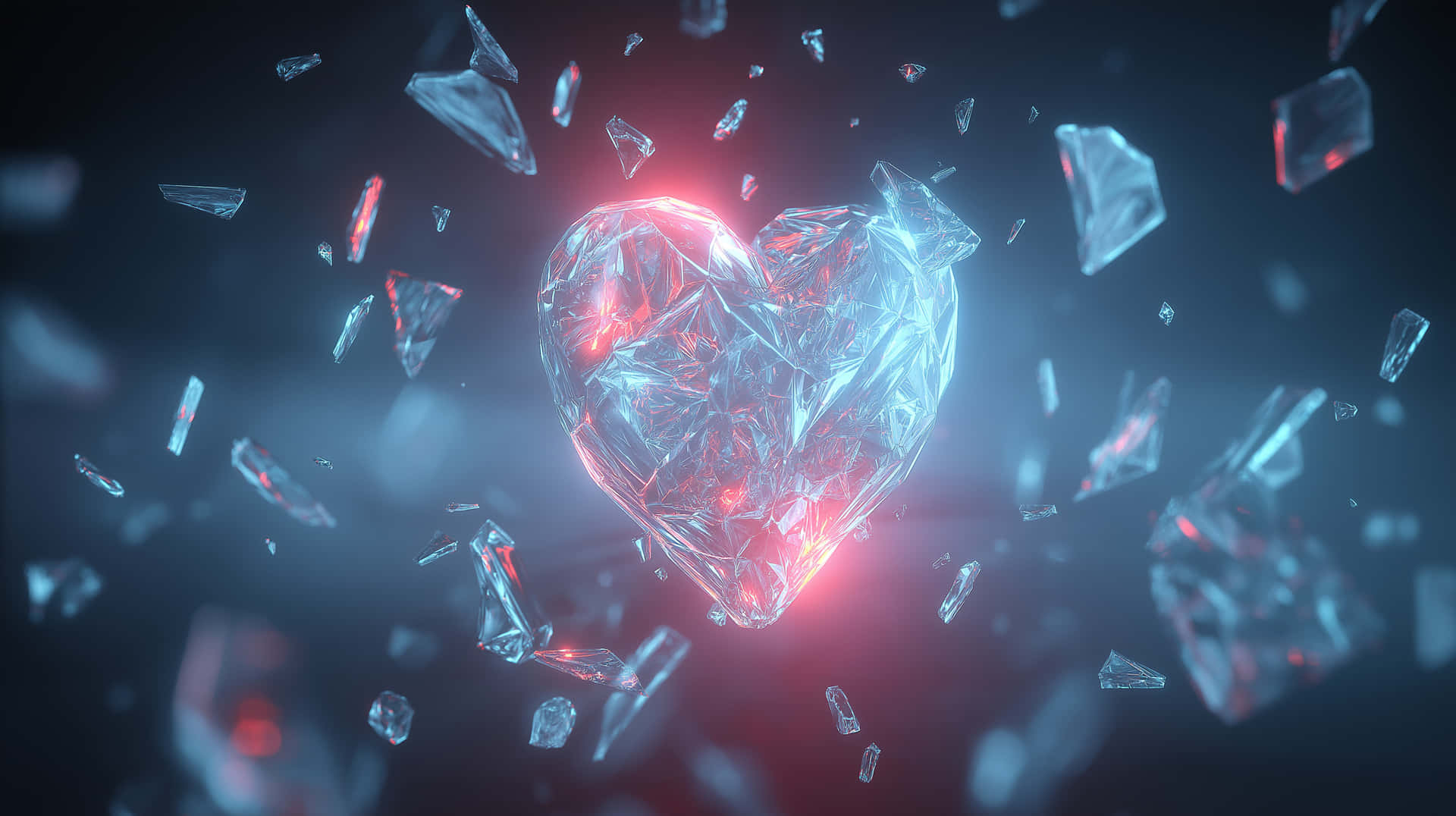A glowing crystal heart floating in darkness 壁紙 — 一個由水晶碎片製成的發光碎裂心形漂浮在浮動的玻璃碎片中，背景為深藍色，帶有紅色高光。