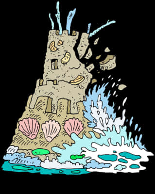 Clip Art 桌布 壁紙 — 一個由沙製成的卡通城堡，底部有貝殼和衝擊的海浪。