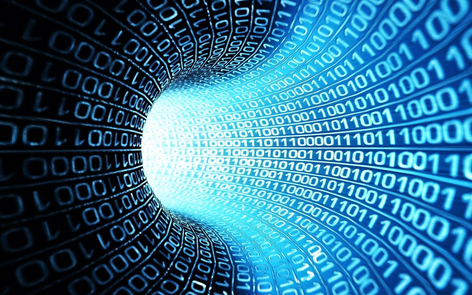 Numbers 桌布 壁紙 — 一個由流動的二進制代碼形成的發光藍色數位隧道，向中心明亮的白色光線退去。