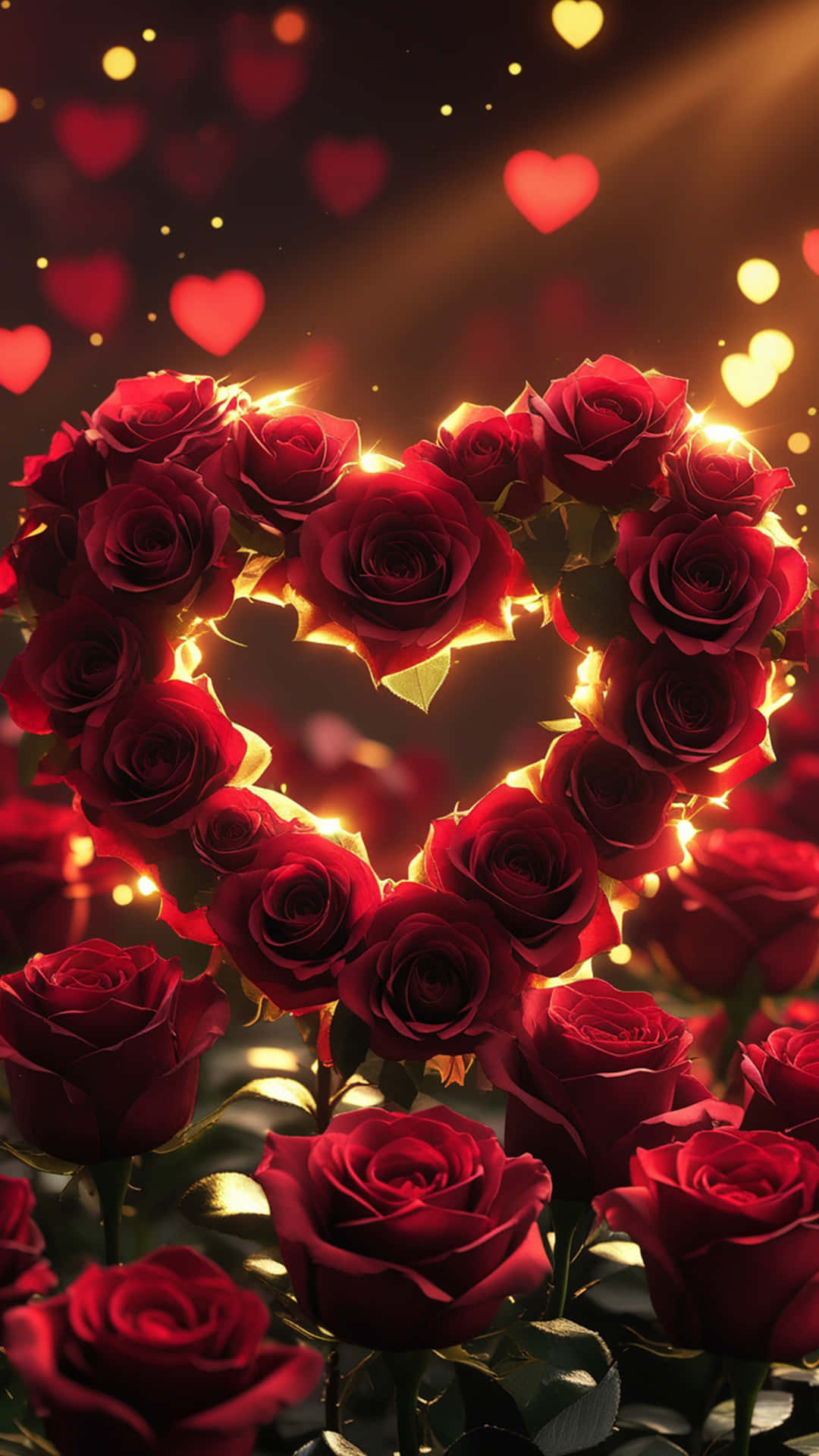 When Hearts Speak Louder Than Words ❤️ 壁紙 — 一個由深紅玫瑰組成的閃爍心形排列，在散景背景中散發金色光芒，背景中漂浮著心形。