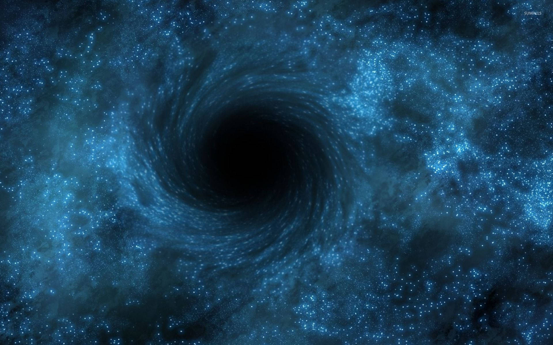 黑洞 桌布 壁紙 — 一個由深藍色恆星和星雲組成的旋轉宇宙漩渦，向太空中的黑色中心內拉。