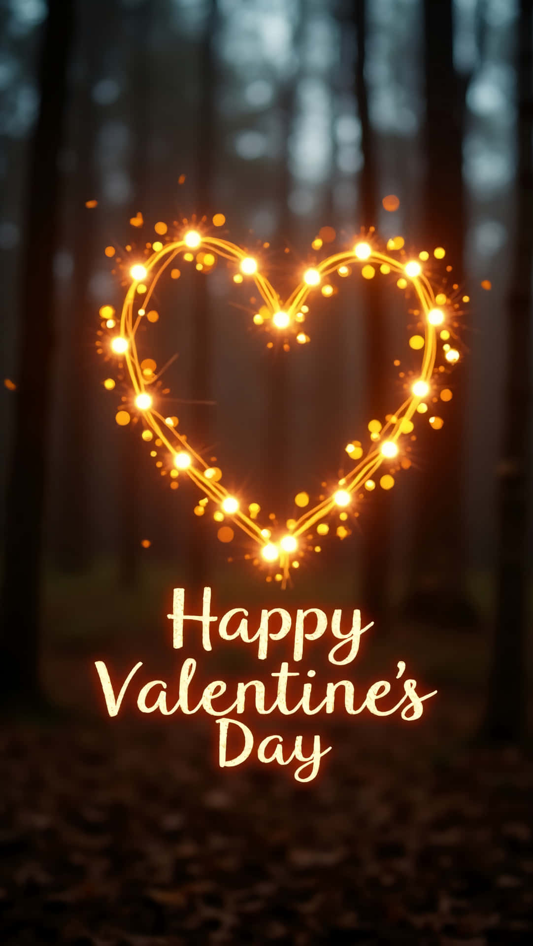 Valetine's day heart 壁紙 — 一個由溫暖燈串組成的發光心形在黑暗的森林中閃耀，下方有「Happy Valentine's Day」文字。