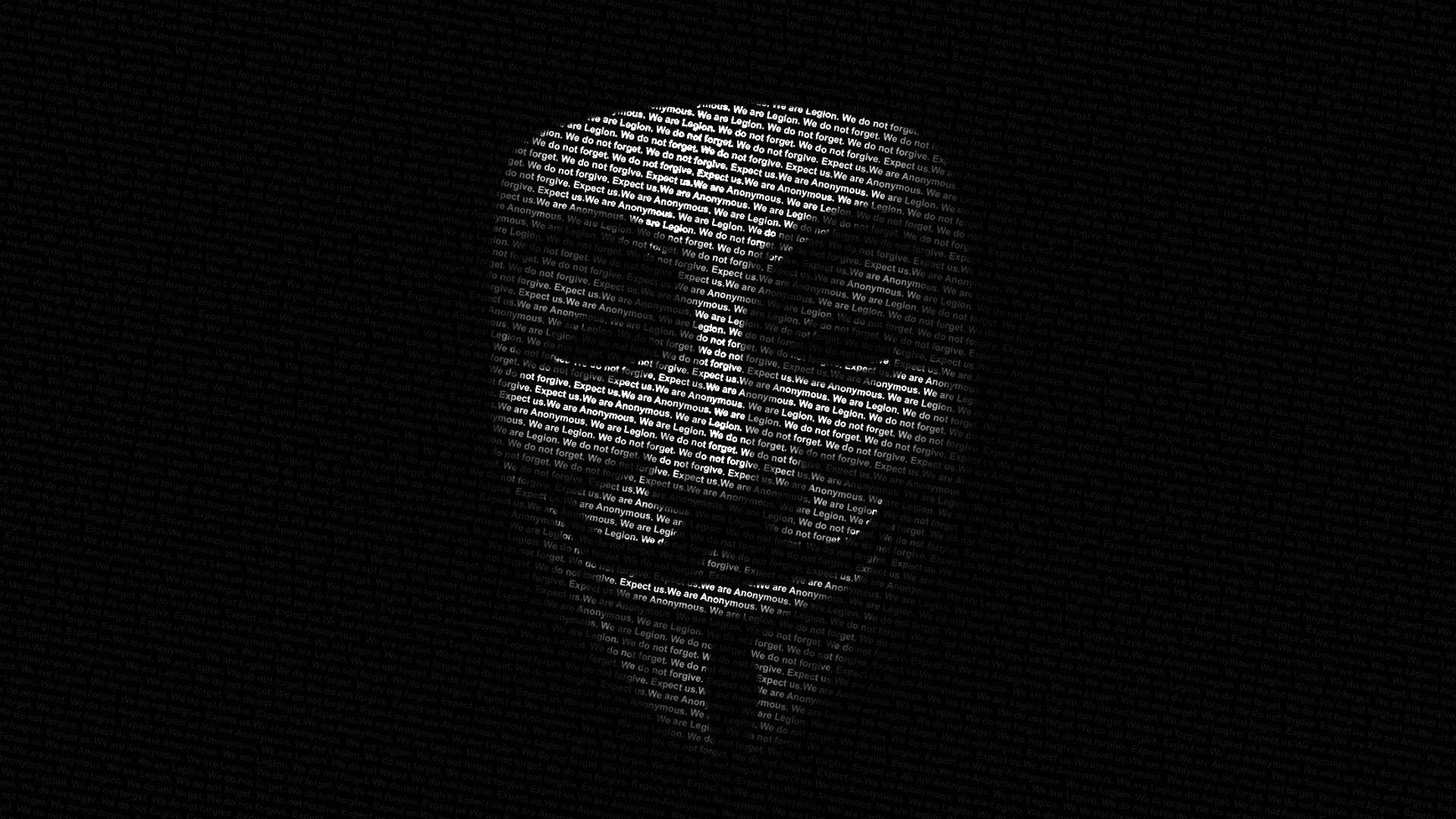 Hacker Full HD 桌布 壁紙 — 一個由滾動文字在深色數位背景上形成的發光白色Anonymous面具。