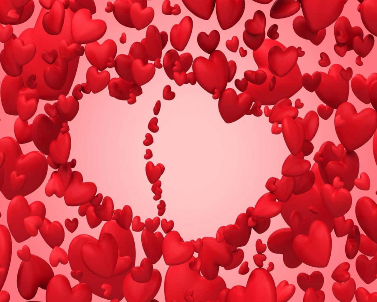 High Resolution Valentines Day 桌布 壁紙 — 一個由漂浮的紅色心形組成的3D渲染心形框架，背景為柔和的粉紅色漸變。