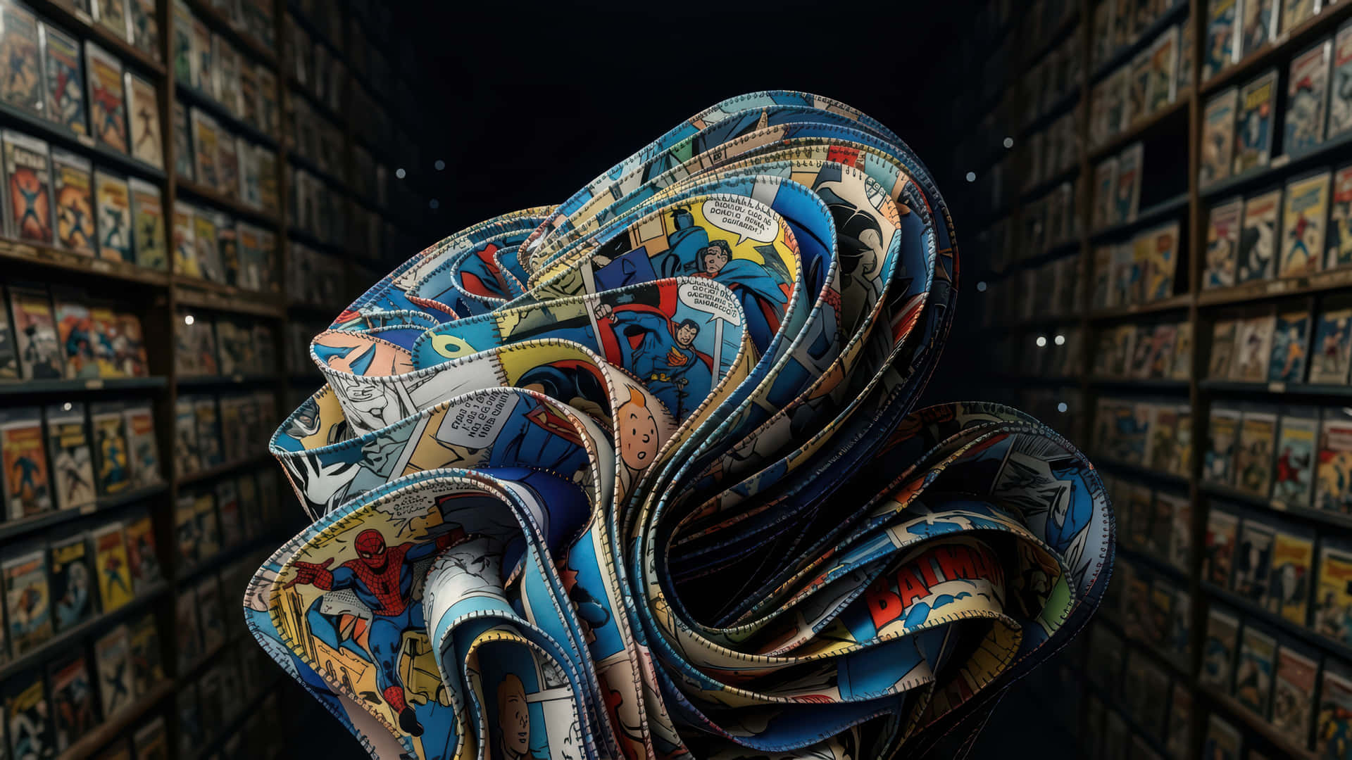 Comics Bloom modded wallpaper for desktop Enhancement, 壁紙 — 一個由漫畫書頁製成的旋轉雕塑漂浮在一個光線昏暗、佈滿漫畫書架的圖書館中。