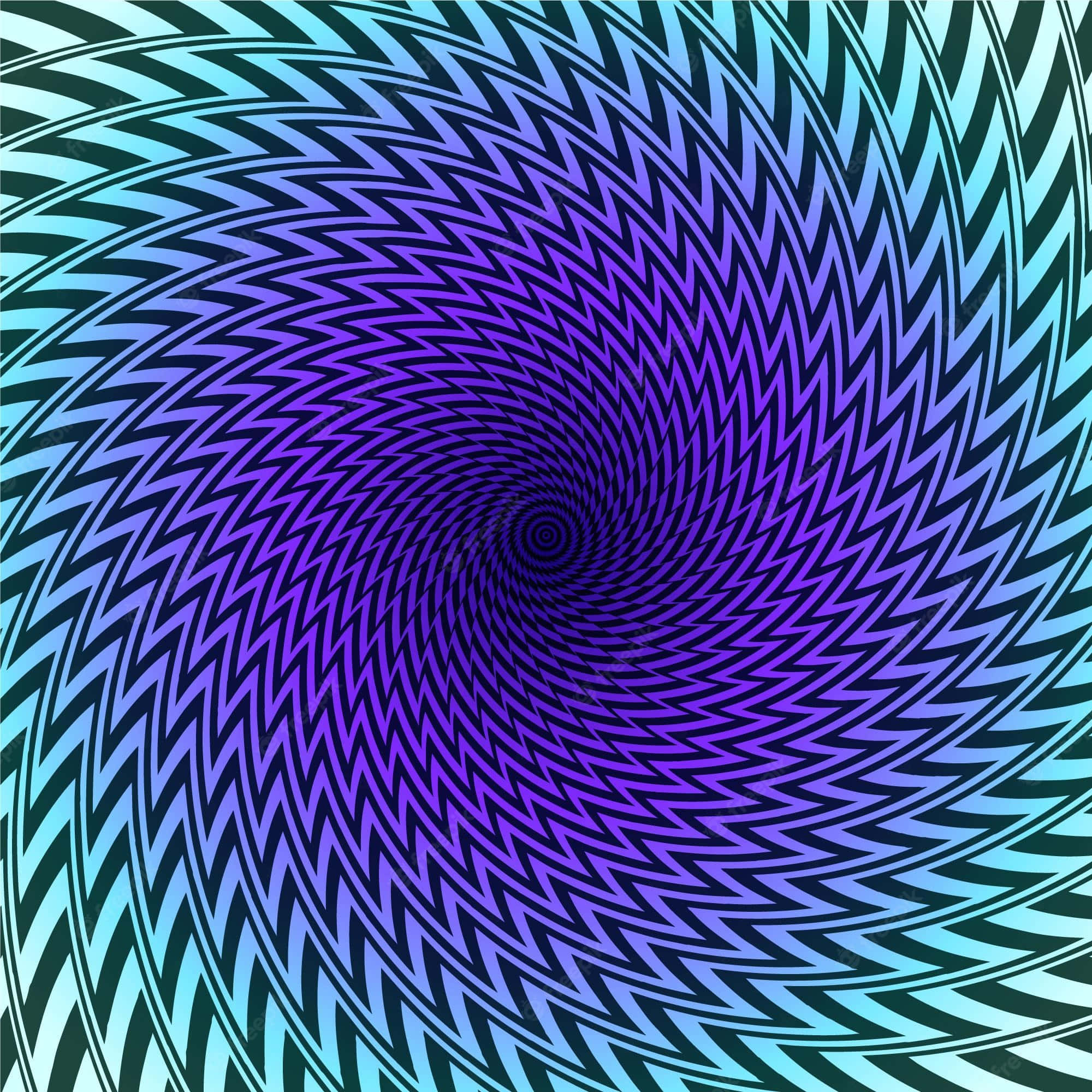 Cool Optical Illusions 桌布 壁紙 — 一個由漸變藍色和紫色色調的鋸齒線條向黑暗中心匯聚的催眠螺旋圖案。