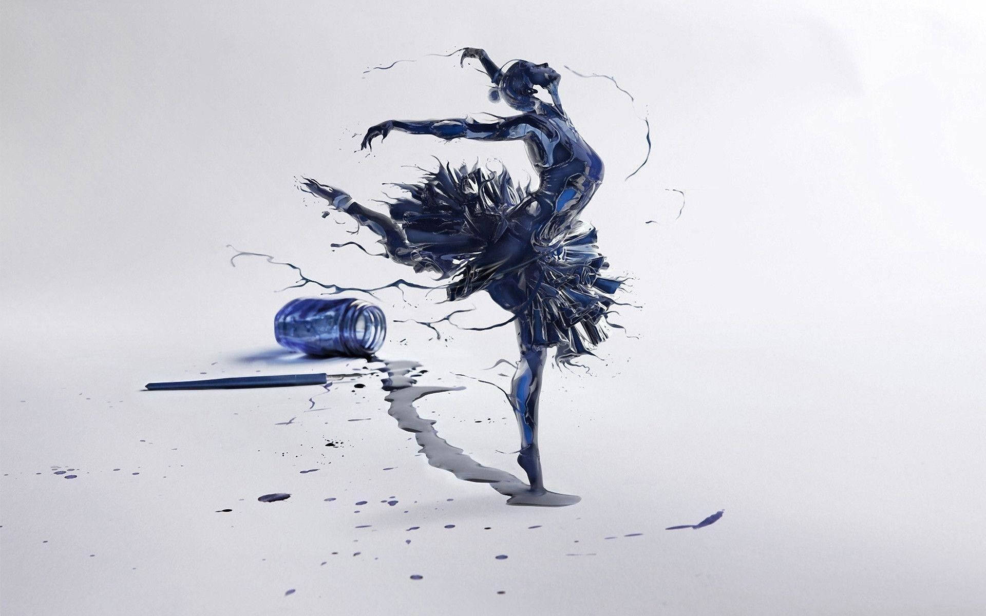 Ballet 桌布 壁紙 — 一個由濺出的藍色油漆形成的芭蕾舞者，在純白背景前優雅起舞，旁邊有一個翻倒的罐子。