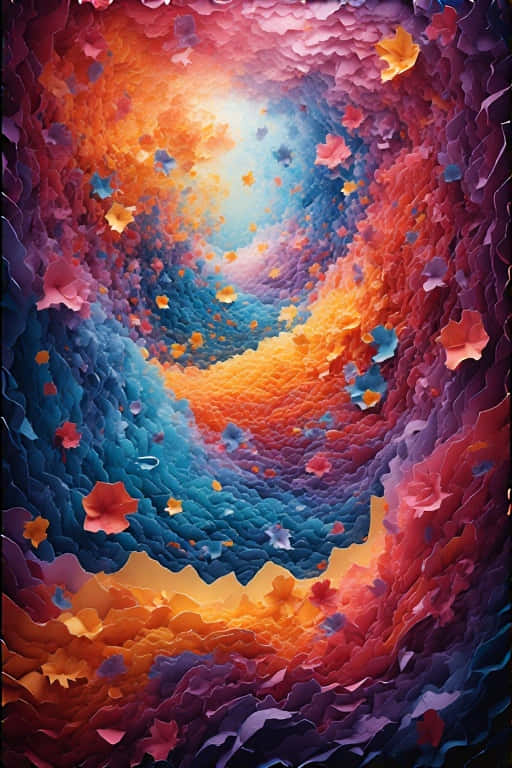 Vibrant Abstract Paper Cutouts 8K 壁紙 — 一個由火熱橙、藍、紫色紋理紙質葉片組成的旋轉隧道，中心發光。