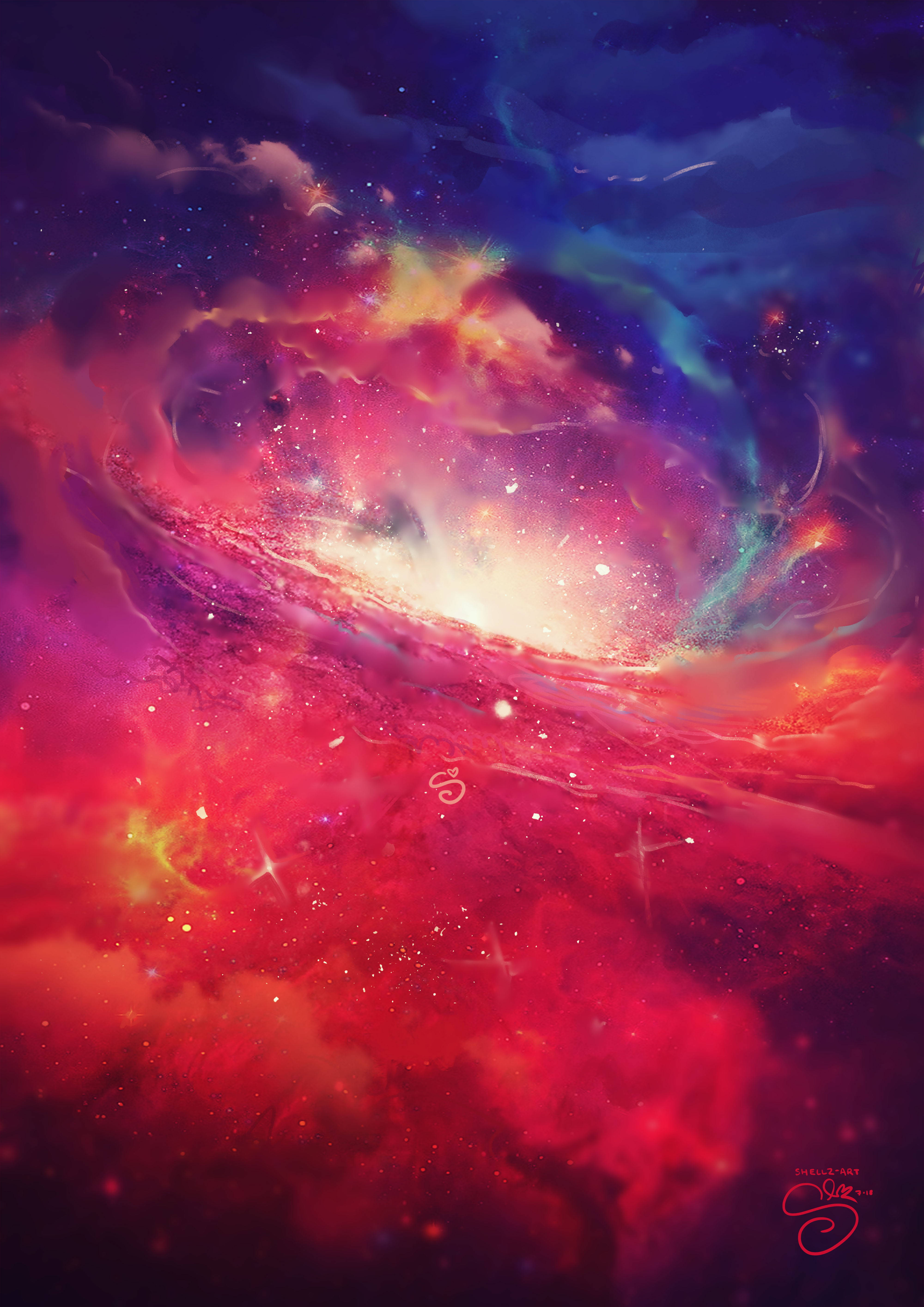 Pretty Galaxy 桌布 壁紙 — 一個由火紅和深藍色組成的旋轉星系，在充滿活力的數位藝術作品中散發著發光的星星和宇宙塵埃。