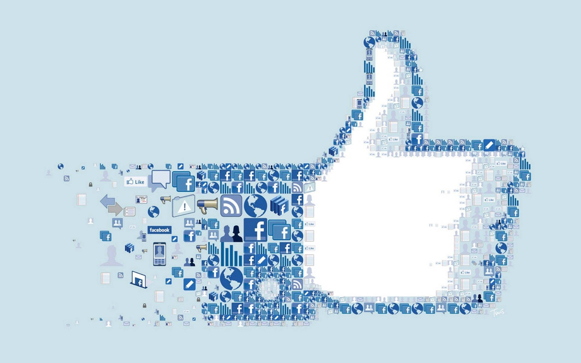 Facebook 桌布 壁紙 — 一個由無數藍色社交媒體圖示組成的大拇指向上圖示，背景為淺藍色。