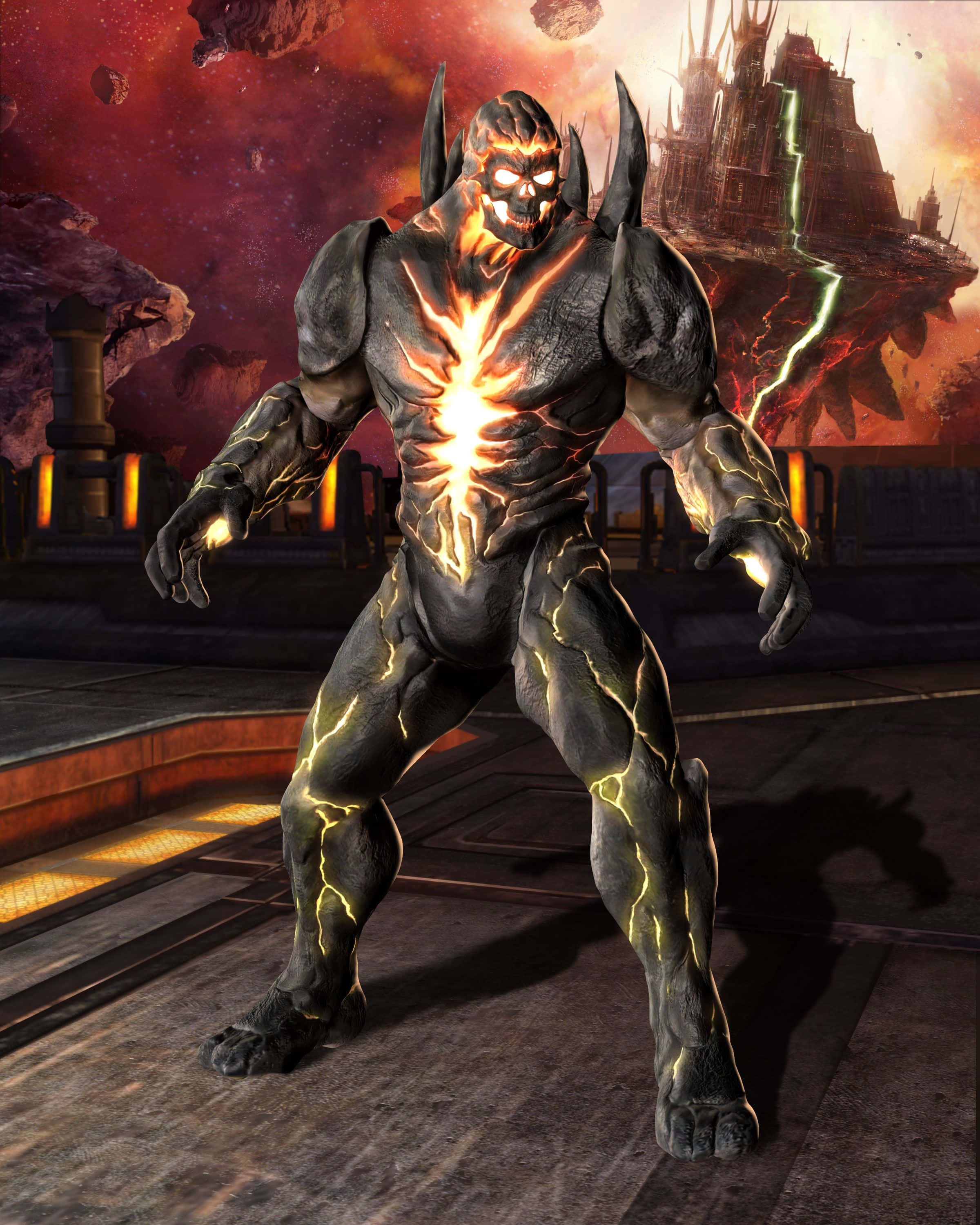 Mortal Kombat Vs Dc Universe 桌布 壁紙 — 一個由熔岩驅動、眼睛發光、能量劈啪作響的威脅性惡魔，站在一個平台上面對一座漂浮堡壘，背景是熾熱的外星景觀。