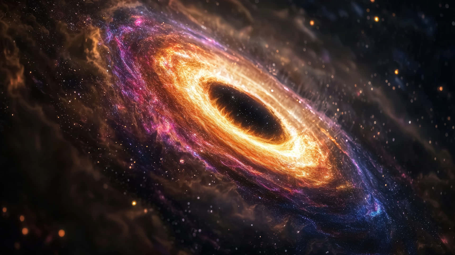 Massive Glowing Black Hole in Outer Space 壁紙 — 一個由熾熱橙色和紫色氣體組成的旋轉宇宙漩渦，在佈滿星空的黑暗虛空中螺旋進入一個黑洞。